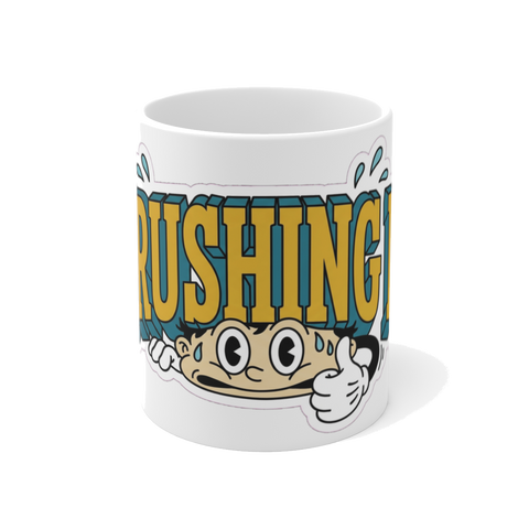 A white coffee mug reading Literally Crushing It, designed for stressed coworkers experiencing corporate burnout.
