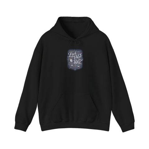 Live Fast Est Never — Funny Existential Skull Hoodie — Black