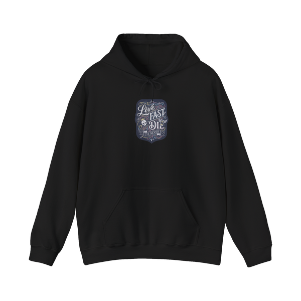 Live Fast Est Never — Funny Existential Skull Hoodie — Black
