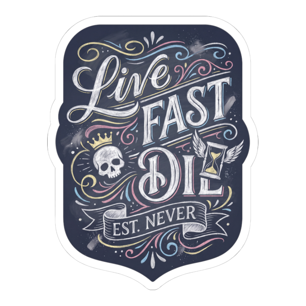 Vintage chalkboard style skull and hourglass sticker reading Live Fast Est Never.
