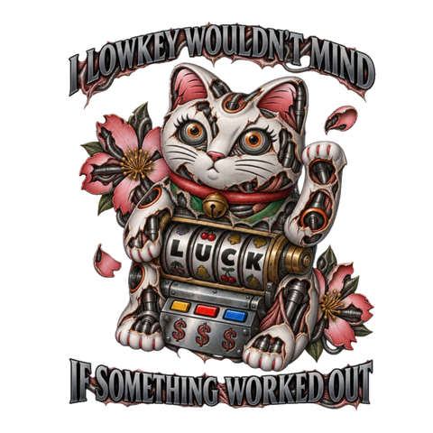 Cybernetic Maneki Neko lucky cat slot machine sticker with text I lowkey wouldnt mind if something worked out