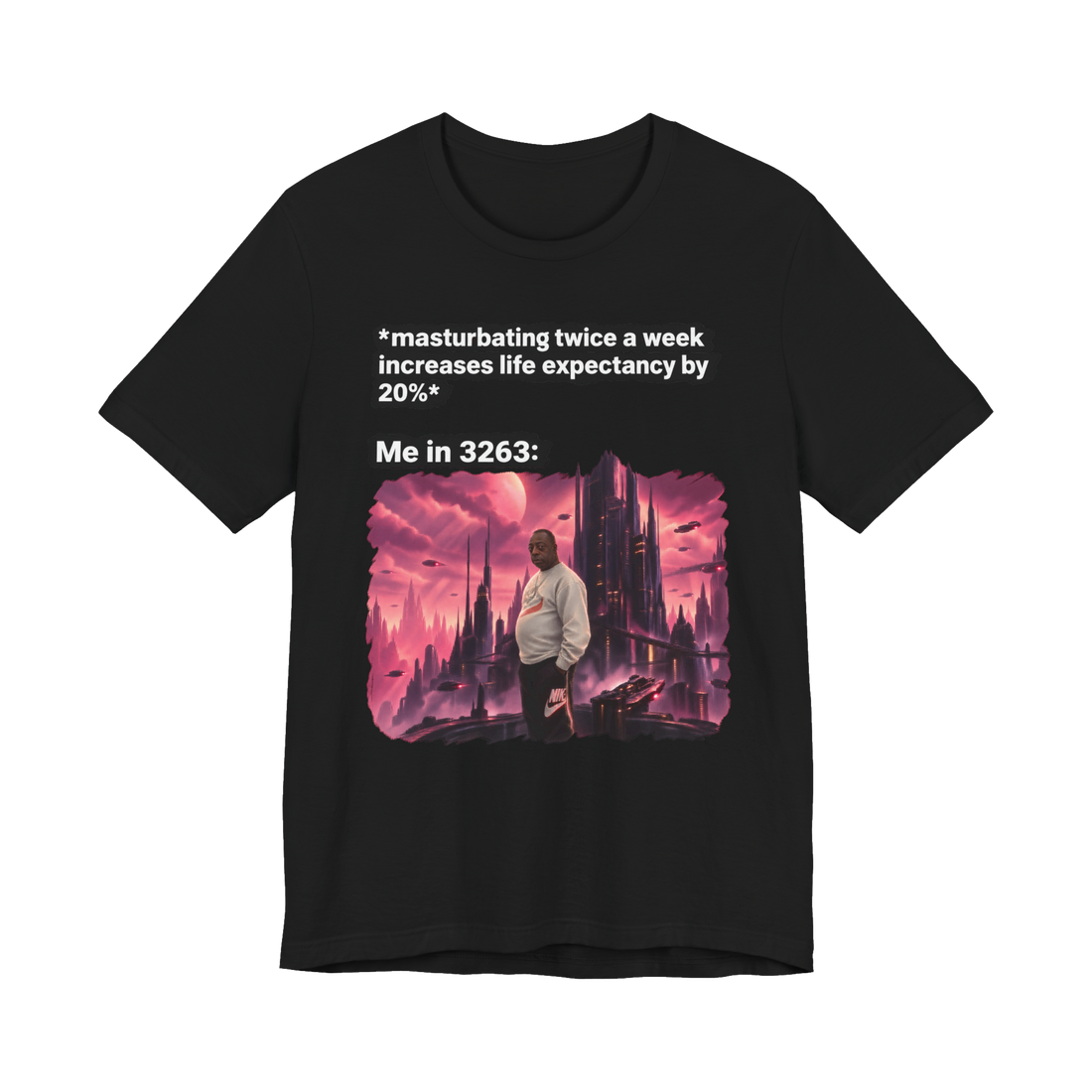 Beetlejuice Lester Green looking at a cyberpunk city in the year 3263 on a t-shirt
