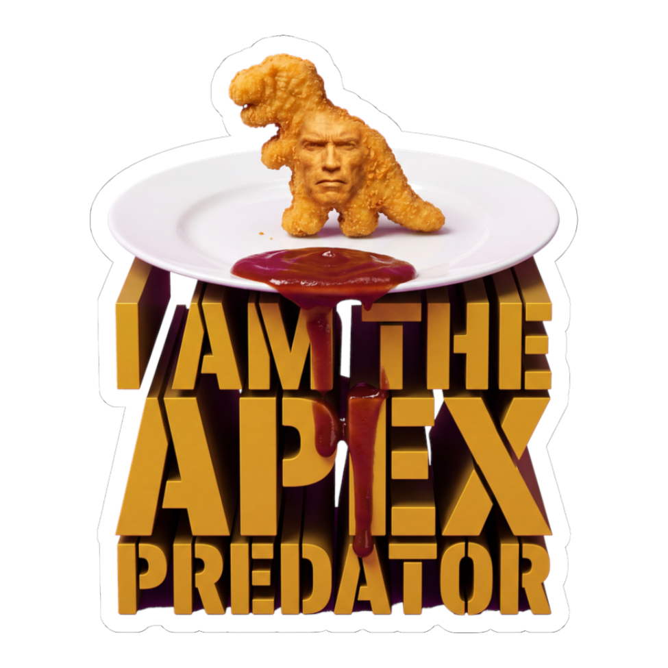 A funny dino nugget sticker representing the mechanically separated apex predator grindset.
