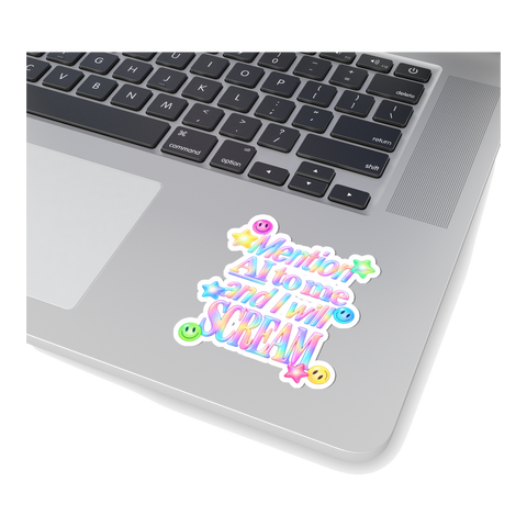 Pastel warning sticker that reads Mention AI And I Will Scream, a funny anti-tech bro gift for laptops.