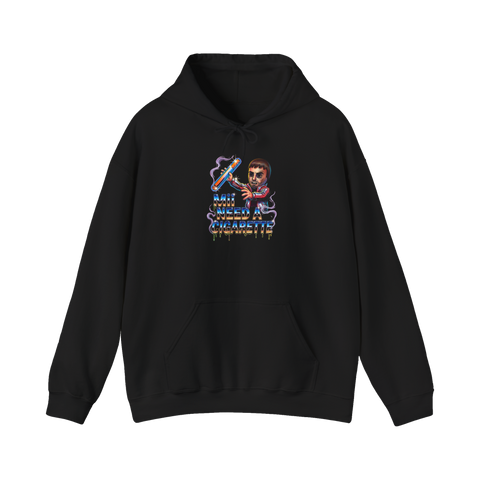 Nintendo Mii-style avatar brandishing a giant glowing cigarette over chrome lettering, on a hoodie — Black