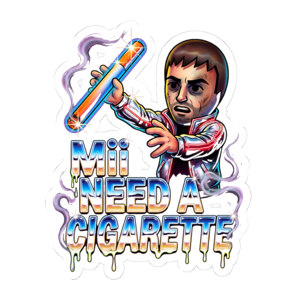 A funny retro gamer sticker featuring a stressed out 2000s gaming avatar smoking a cigarette.