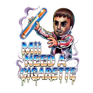 Nintendo Mii-style avatar brandishing a giant glowing cigarette over chrome lettering, on a sticker — White