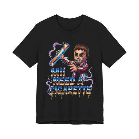 Nintendo Mii-style avatar brandishing a giant glowing cigarette over chrome lettering, on a t-shirt — Black