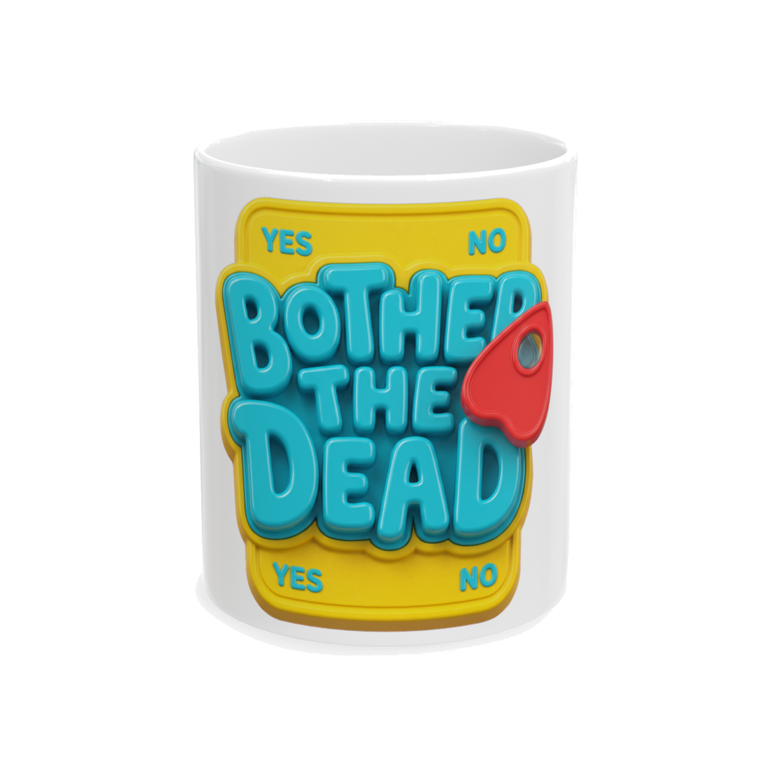 White coffee mug with a colorful retro 1980s children's toy graphic that says My First Necromancy