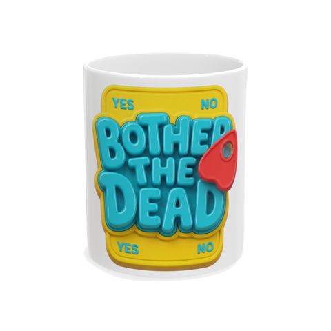 White coffee mug with a colorful retro 1980s children's toy graphic that says My First Necromancy
