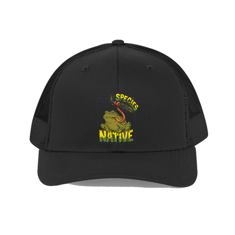 Embroidered dad hat showing a giant amphibian frog eating a modern fighter jet, representing native species.