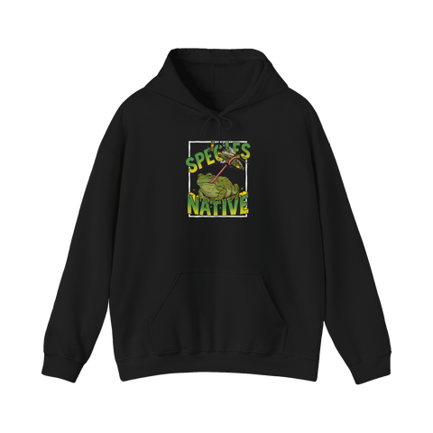 Giant frog tongue-snatching an attack helicopter out of the sky, labeled NATIVE SPECIES, on a hoodie — Black
