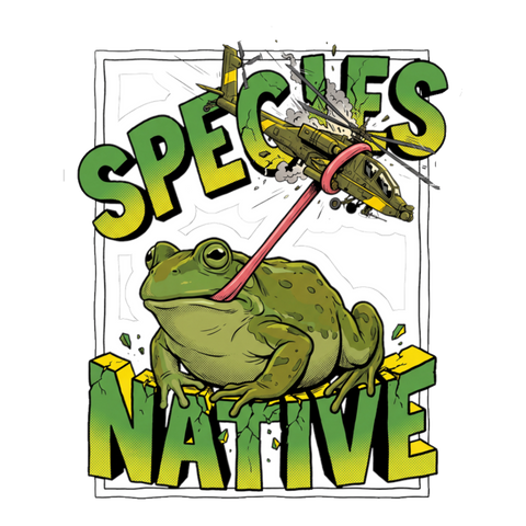 Native Species Sticker — Funny Giant Frog vs Attack Helicopter — White