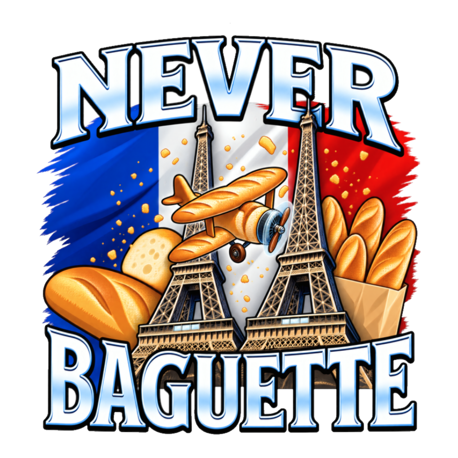 Never Baguette Sticker — Forget 911 French Meme Parody Dark France — White