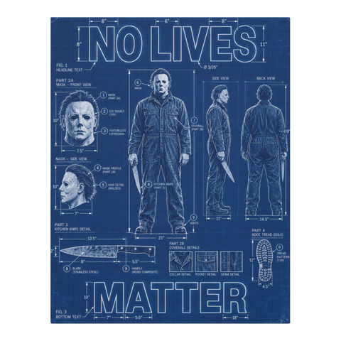 Blueprint schematic of Michael Myers' mask under the words NO LIVES MATTER, on canvas wall art — 0.75''