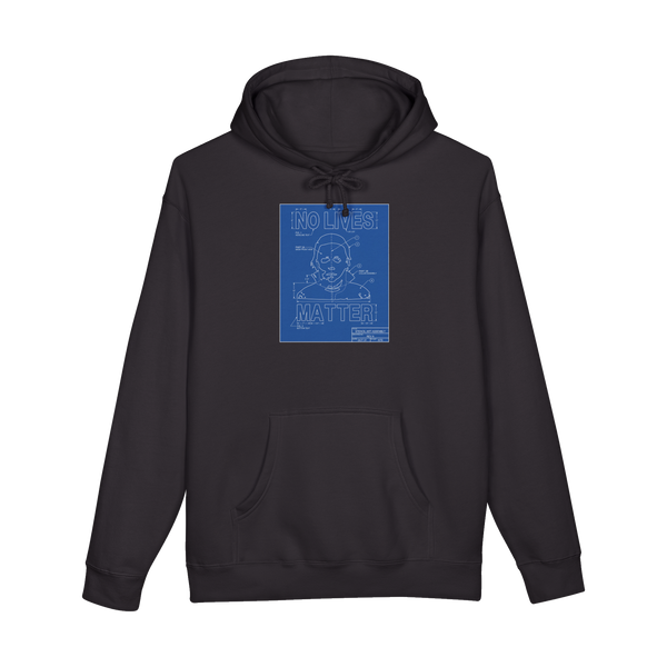 A funny slasher hoodie featuring a technical blueprint schematic design with the text No Lives Matter.