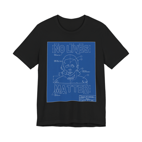 Blueprint schematic of Michael Myers' mask under the words NO LIVES MATTER, on a t-shirt — Black