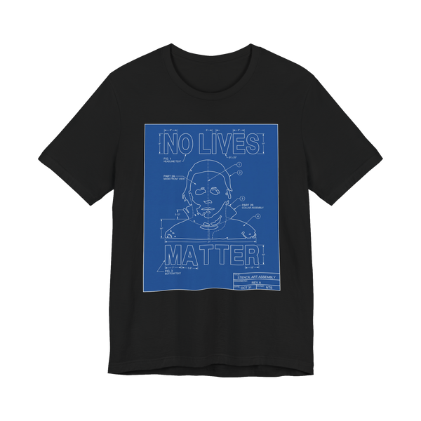 A schematic drawing with the text No Lives Matter, referencing Michael Myers and slasher movies.