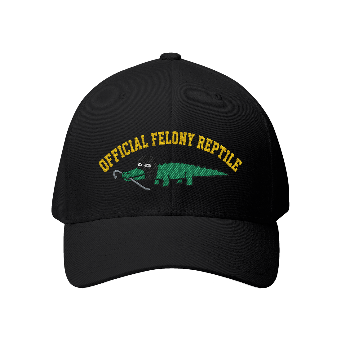 Lacoste-style alligator in a ski mask biting a crowbar under bold arched lettering, on a hat — Black