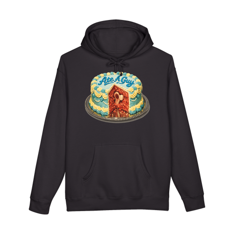 Retro frosted cannibal cake reading Ate A Guy, cut open to raw meat and a bone, on a hoodie — Black