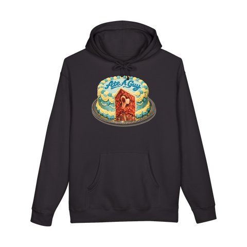 A dark humor hoodie featuring a vintage-style piped cake with text reading One Whole Guy Consumed.
