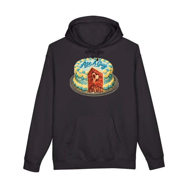 A dark humor hoodie featuring a vintage-style piped cake with text reading One Whole Guy Consumed.