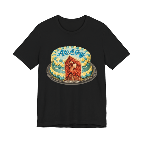Retro frosted cannibal cake reading Ate A Guy, cut open to raw meat and a bone, on a t-shirt — Black