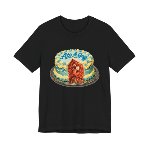 A funny vintage cake graphic tee that reads One Whole Guy Consumed