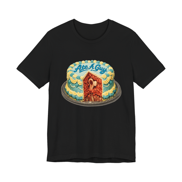 A funny vintage cake graphic tee that reads One Whole Guy Consumed