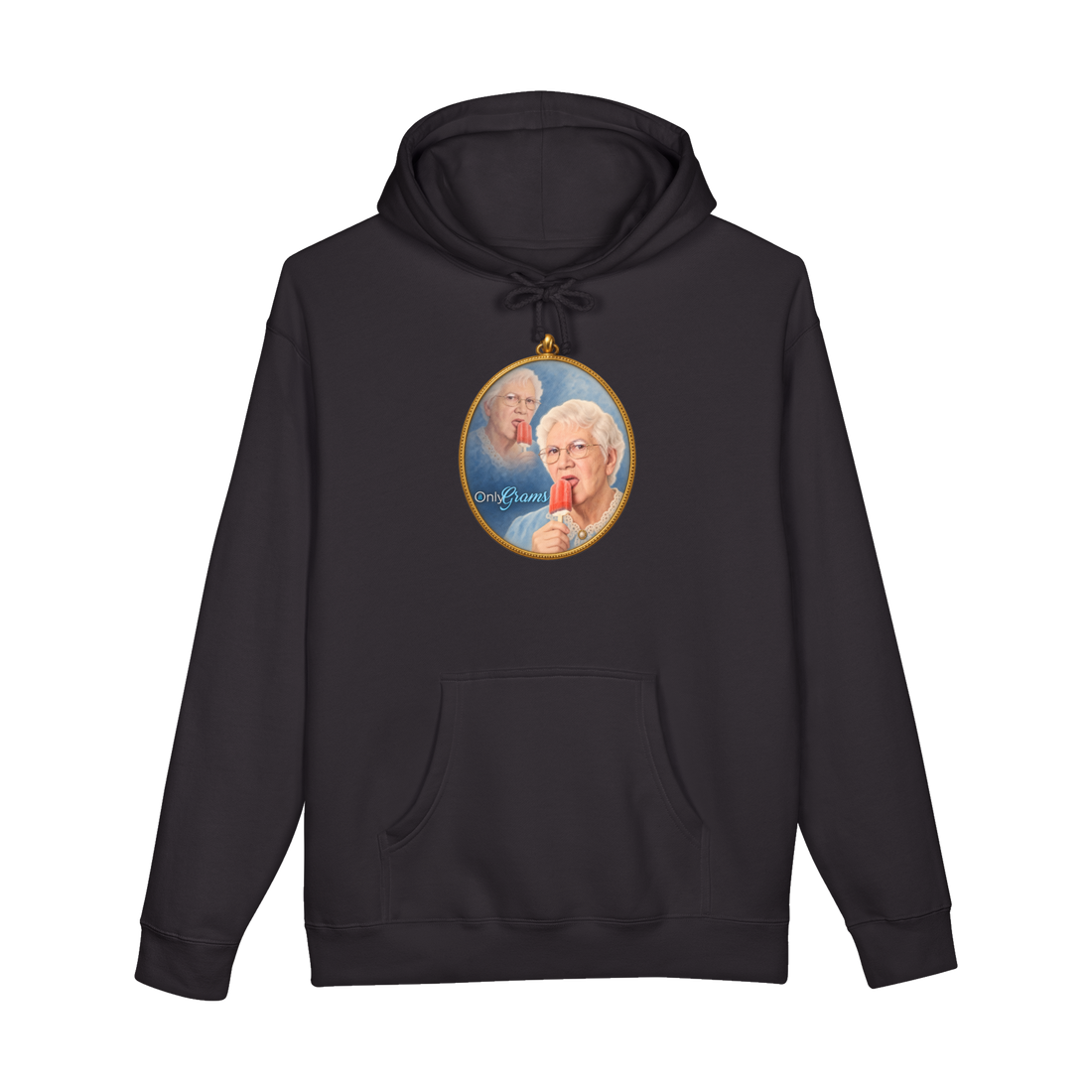 A parody hoodie featuring a vintage locket of a grandma with the text OnlyGrams Top Earner.