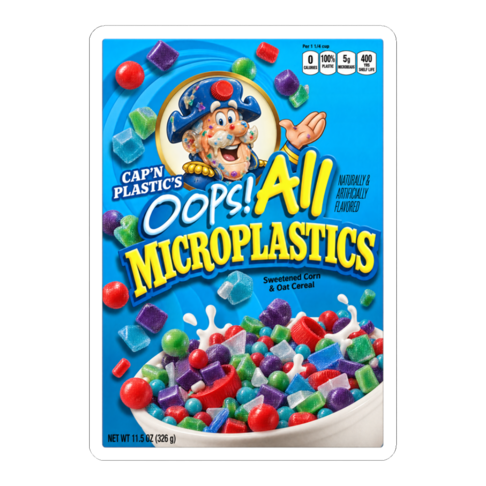 Oops All Microplastics Sticker — Cereal Parody Dark Humor Pollution — White