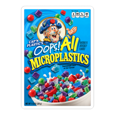 Oops All Microplastics Sticker — Cereal Parody Dark Humor Pollution