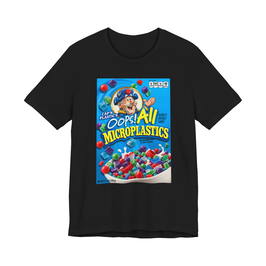 Oops All Microplastics T-Shirt — Cereal Parody Dark Humor Pollution — Black