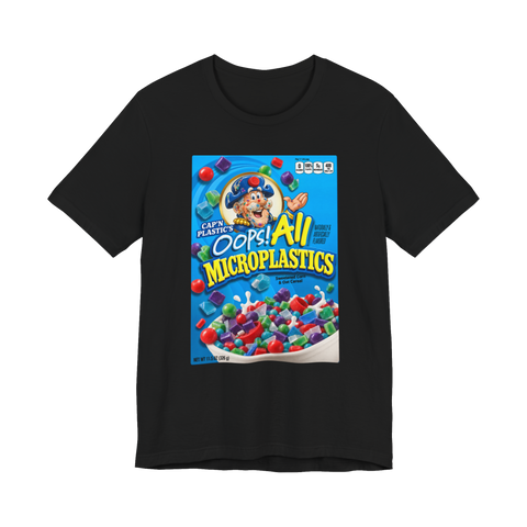 Oops All Microplastics T-Shirt — Cereal Parody Dark Humor Pollution — Black