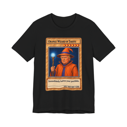 Orange Wizard Of Tariffs T-Shirt — Funny Donald Trump Yu-Gi-Oh Card — Black