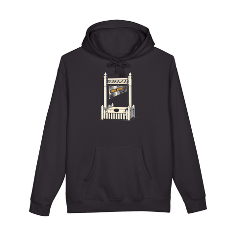 A hoodie featuring an illustration of a guillotine built entirely out of white suburban picket fencing.