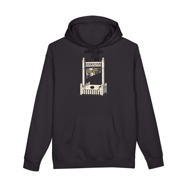 A hoodie featuring an illustration of a guillotine built entirely out of white suburban picket fencing.