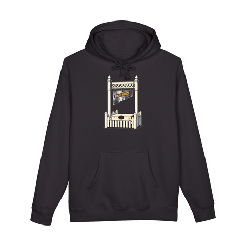 White picket fence guillotine with a FINAL NOTICE blade, the HOA's last warning, on a hoodie — Black