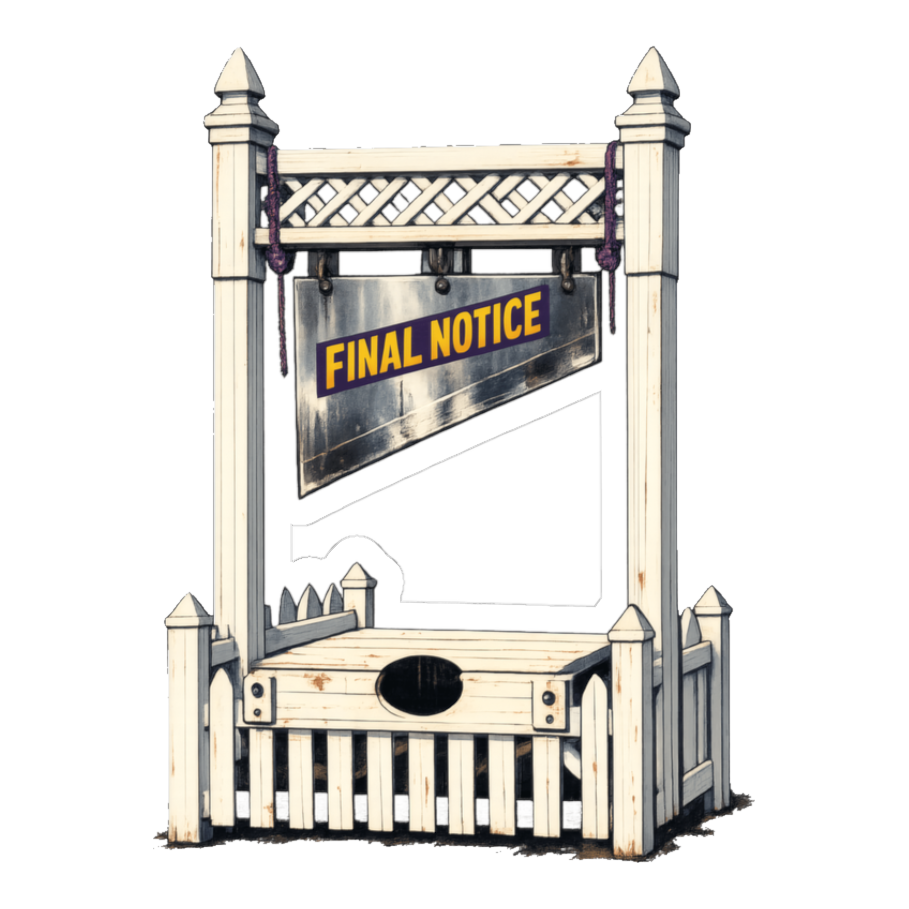 White picket fence HOA guillotine with a FINAL NOTICE blade, on a sticker — White