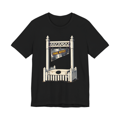 A t-shirt featuring a guillotine made out of a white picket fence.