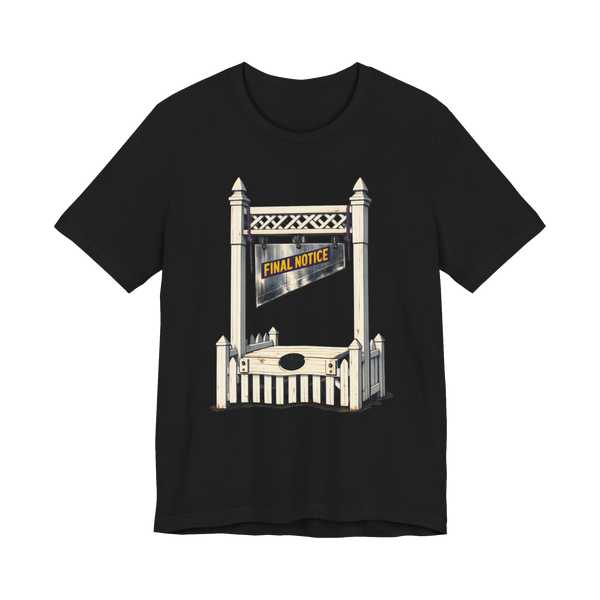 A t-shirt featuring a guillotine made out of a white picket fence.