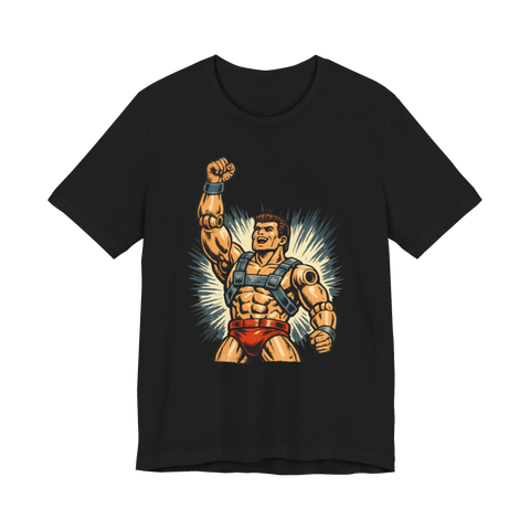 A retro action figure missing an arm raised in triumph on a funny t-shirt