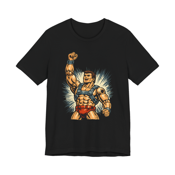 A retro action figure missing an arm raised in triumph on a funny t-shirt