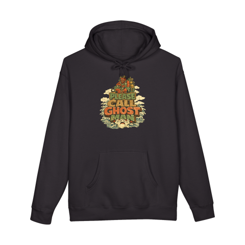 Woodblock-style oni demon with a Ghostbusters-style rope pack over Please Call Ghost Man, on a hoodie — Black