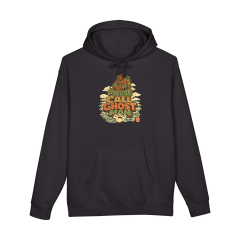 Woodblock-style oni demon with a Ghostbusters-style rope pack over Please Call Ghost Man, on a hoodie