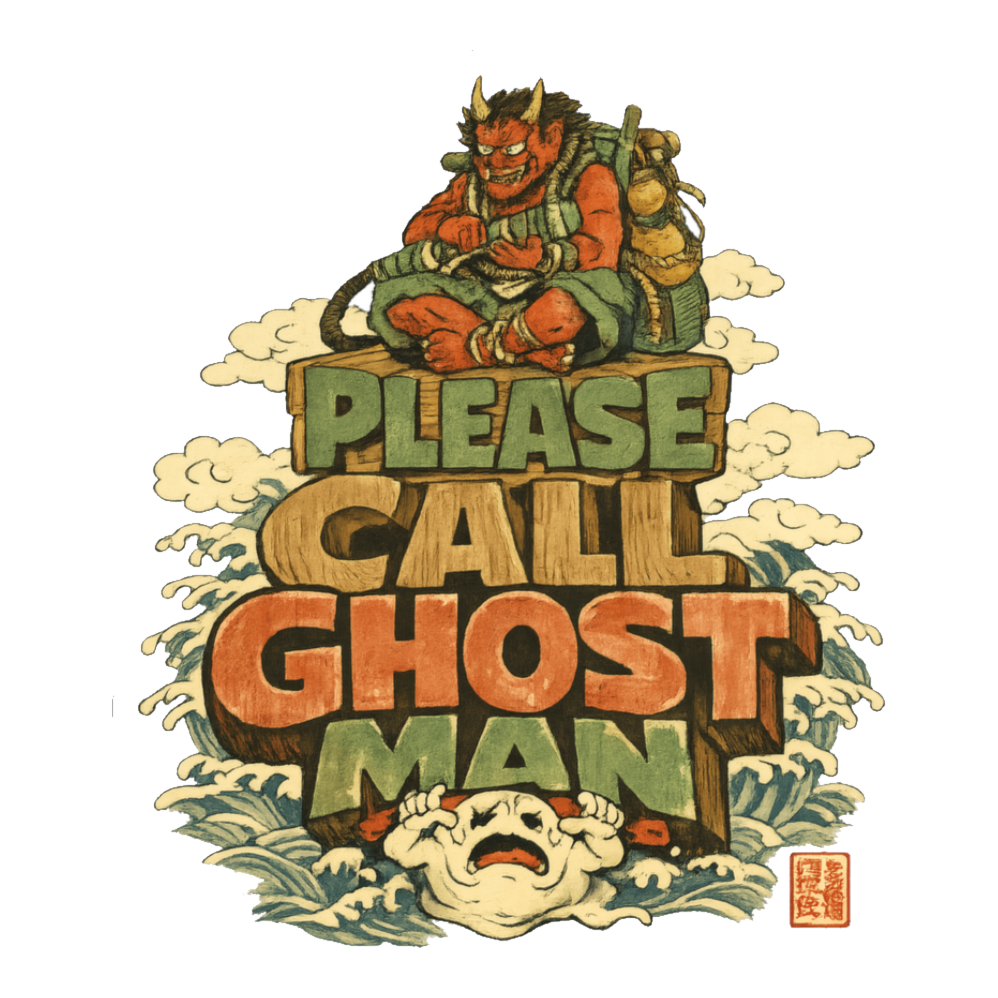 Woodblock-style oni demon with a Ghostbusters-style rope pack over Please Call Ghost Man, on a sticker — White