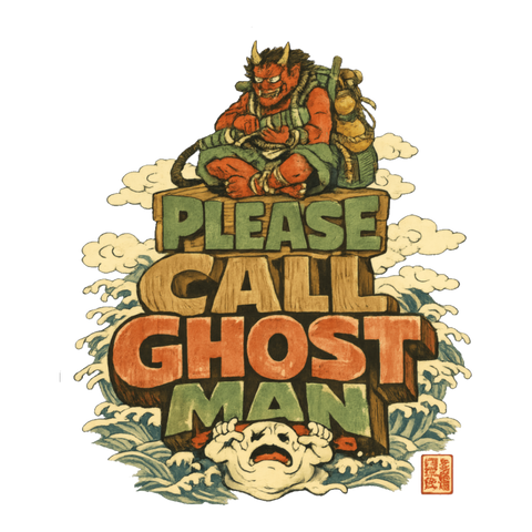 Woodblock-style oni demon with a Ghostbusters-style rope pack over Please Call Ghost Man, on a sticker — White