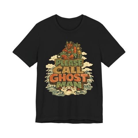 Woodblock-style oni demon with a Ghostbusters-style rope pack over Please Call Ghost Man, on a t-shirt — Black