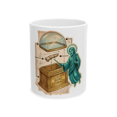 A white ceramic coffee mug showing detailed architectural schematics for a medieval holy bone vault or reliquary.