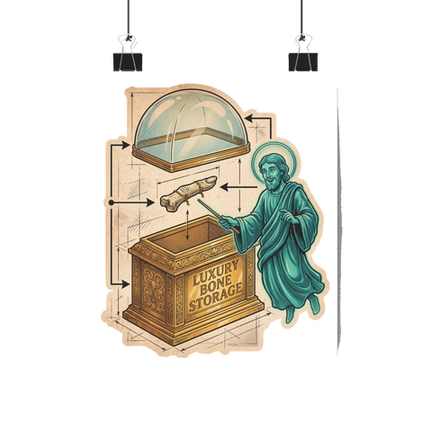 Exploded-view diagram poster of a premium bone vault reliquary, detailing a gold-plated container for holy skeletons.